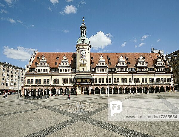 Old city hall  market place with city coat of arms in cobblestones  Leipzig  Saxony  Germany  Europe