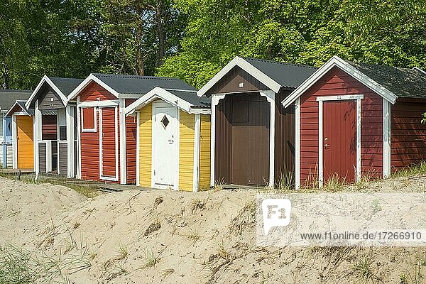 Badehütten im Sandwald von Ystad in der Nähe des Strandes an der Ostsee  Ystad  Schonen  Skandinavien  Schweden  Europa