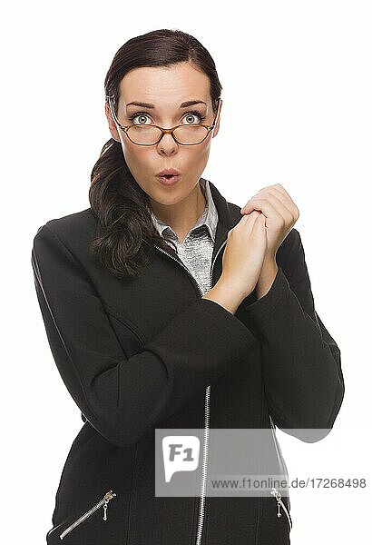 Funny faced mixed-race businesswoman holding her hands to the side isolated on a white background