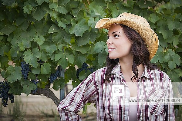 Junges gemischtrassiges erwachsenes weibliches Porträt im Freien mit Cowboyhut in einem Weinberg