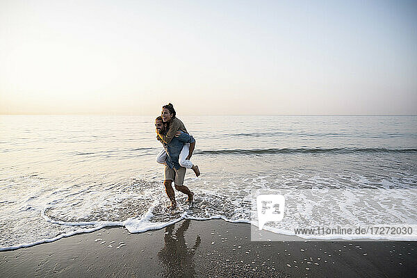Fröhlicher Mann  der seine Freundin huckepack nimmt  während er am Strand gegen den klaren Himmel bei Sonnenuntergang spazieren geht