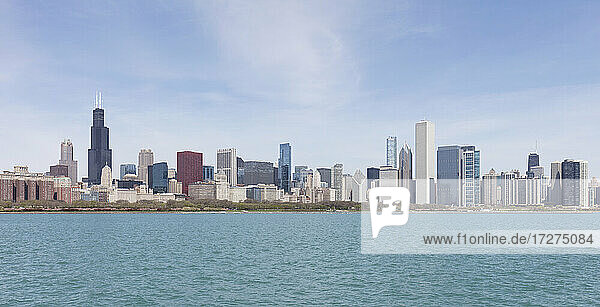 Downtown seen from Northerly Island on sunny day  Chicago  USA