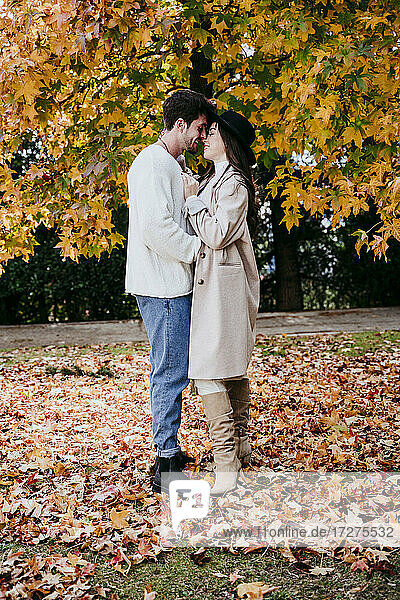 Young couple embracing each other while standing against tree during autumn