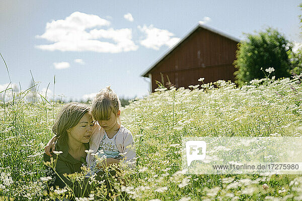 Frau mit Tochter inmitten von Wildblumen auf einem Feld an einem sonnigen Tag