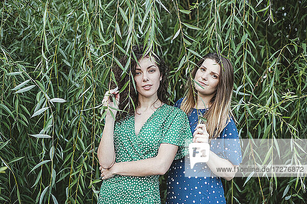Schöne Freundinnen stehen gegen grüne Pflanzen im Park