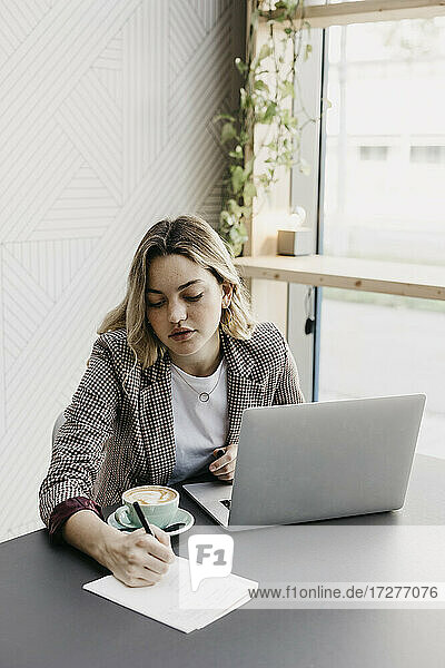 Junge Frau  die im Café sitzend einen Laptop benutzt und schreibt