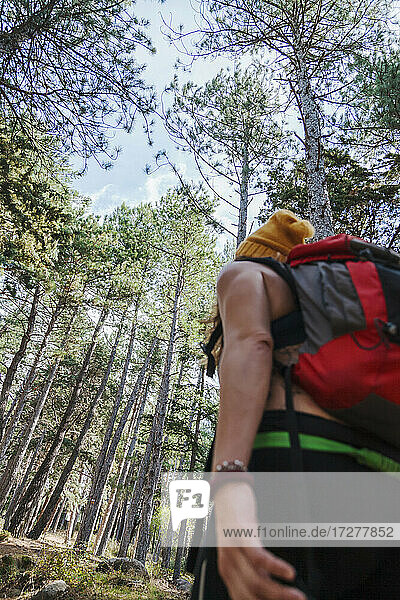 Woman with backpack trekking in forest at La Pedriza  Madrid  Spain