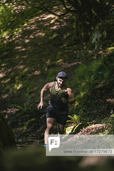 Männlicher Sportler läuft auf einem Bergpfad im Wald