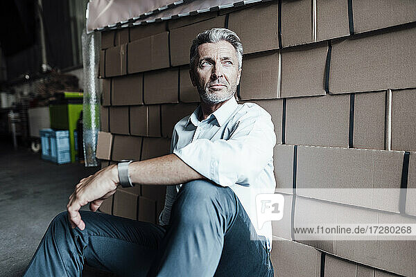 Thoughtful mature businessman leaning on boxes in factory