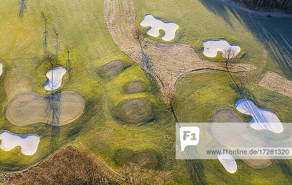Aerial view of empty golf course in autumn