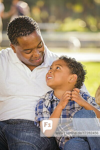 Glücklicher afrikanischer amerikanischer Vater und gemischtrassiger Sohn spielen im Park