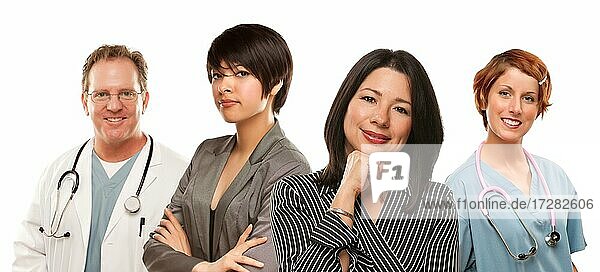 Attractive mixed-race ethnic women with doctors or nurses isolated on a white background