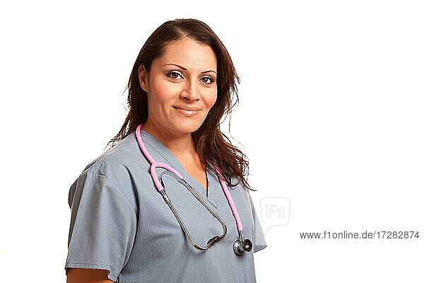 Attractive female hispanic doctor or nurse isolated on a white background