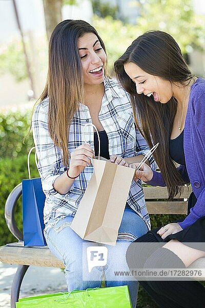 Zwei junge erwachsene gemischtrassige Frauen schauen in ihre Einkaufstaschen draußen auf einer Bank