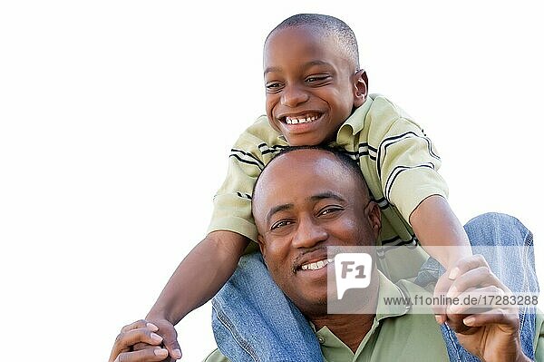 Happy african american man and child isolated on a white background
