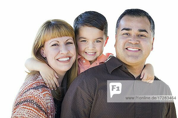 Happy attractive young mixed-race family isolated on white