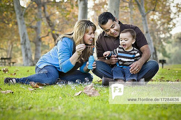 Happy young mixed-race ethnic family playing with bubbles in the park
