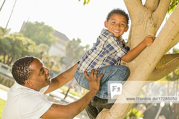 Glücklicher gemischtrassiger Vater hilft Sohn beim Klettern auf einen Baum im Park