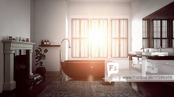 Sonnenlicht strömt durch die Fenster des modernen Badezimmers