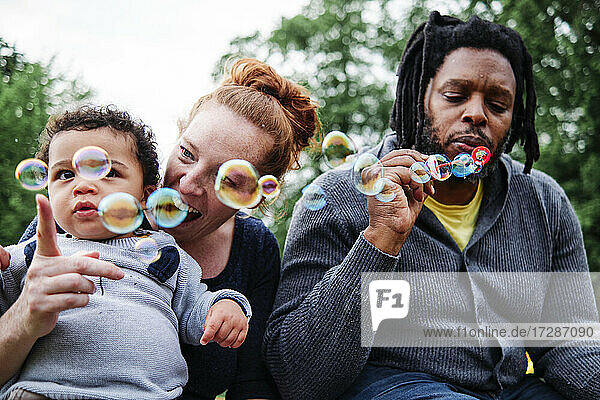 Father blowing bubbles while playing with family at park
