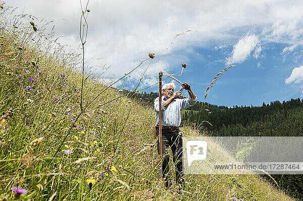 Älterer Bauer mit Sense auf einem steilen Hügel im Bundesland Salzburg  Österreich
