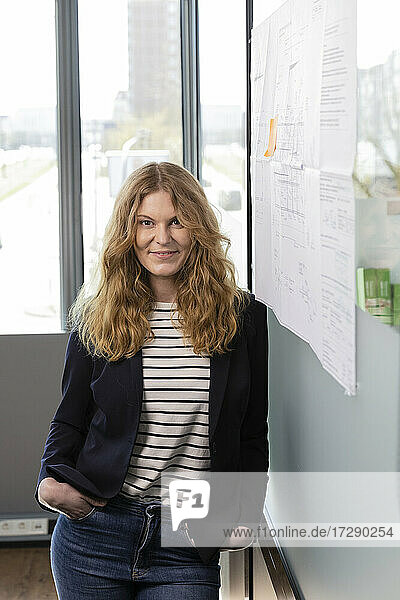 Smiling female entrepreneur leaning on glass wall in office