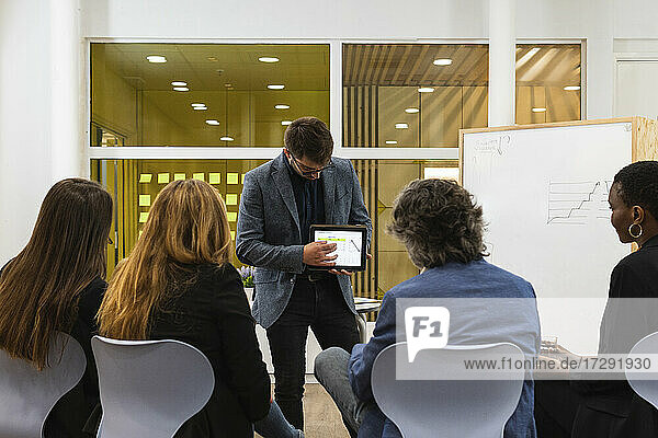 Young businessman explaining business plan on digital tablet with male and female coworkers during meeting at office