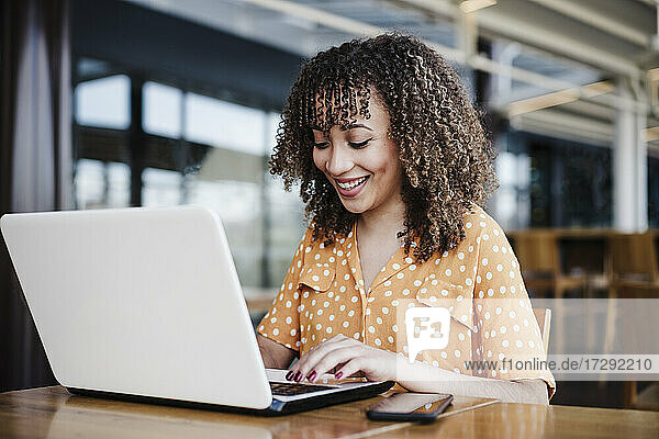 Lächelnde Geschäftsfrau  die im Café sitzend am Laptop arbeitet
