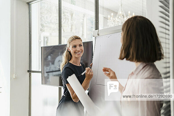 Lächelnde weibliche Fachkraft  die einen Mitarbeiter ansieht  während sie an einem weißen Brett im Büro steht