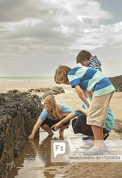 Girl playing with boys on tidal pool at beach