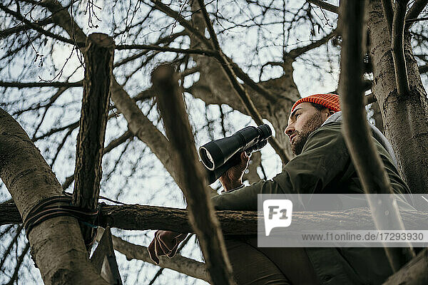 Man using binoculars while sitting on bare tree