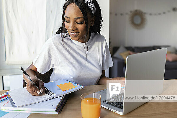 Lächelnde Geschäftsfrau  die zu Hause am Laptop schreibt