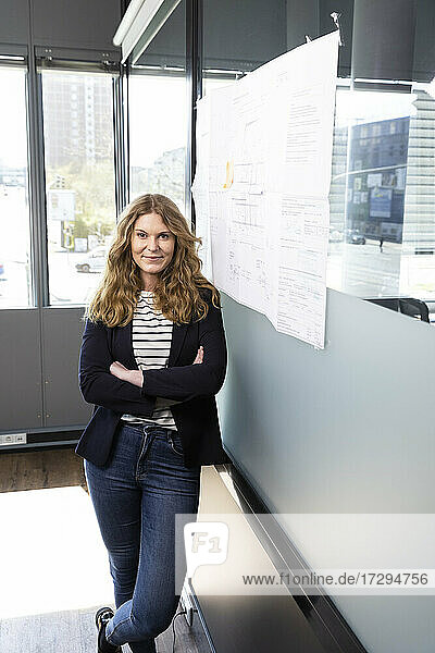 Smiling female professional with arms crossed standing by business plan on glass wall at office