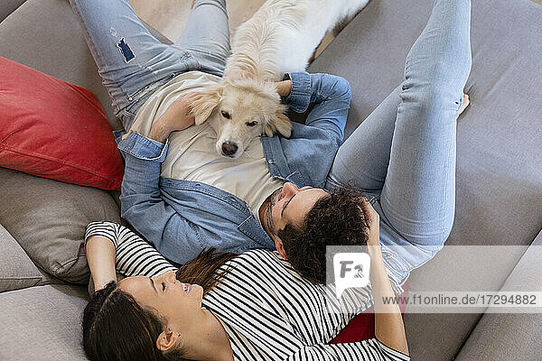 Couple and cute white dog leaning on each other on sofa