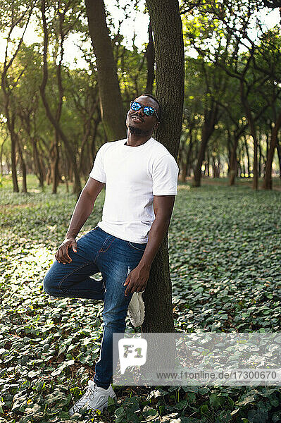 A young black man in park. Outdoor portrait of traveler. Portrait