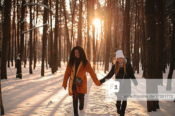 Glückliche Freundinnen halten sich an den Händen  während sie im verschneiten Park spazieren gehen