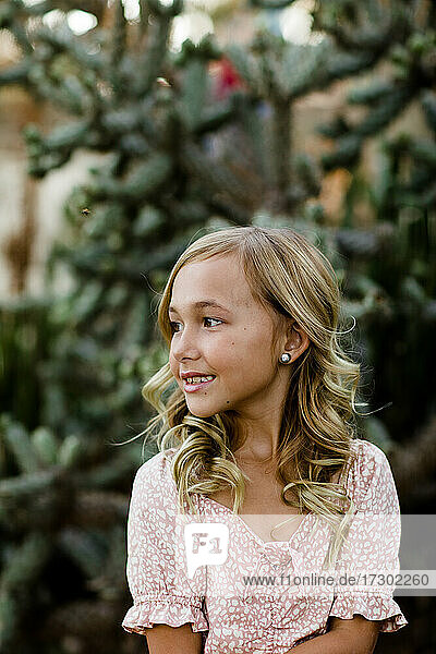 Close Up of Young Girl in Desert Garden in San Diego