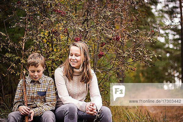Two blond teenagers  a girl and a boy  a sister and a brother sit in the autumn forest and have fun chatting.