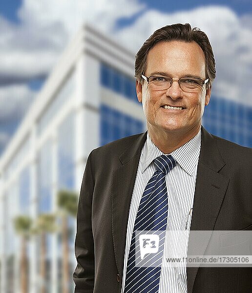 Handsome businessman in suit and tie smiling outside of corporate building