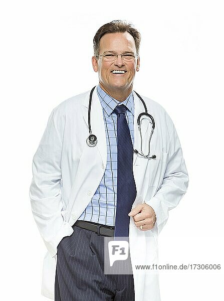 Handsome smiling male doctor in lab coat with stethoscope isolated on a white background