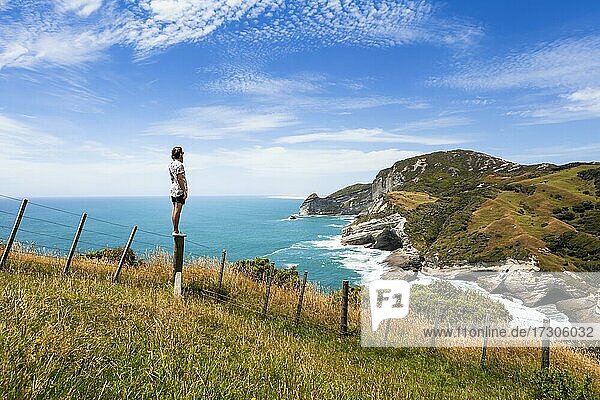 Guy at a cliff  Cape Farewell  Golden Bay  South Island  New Zealand  Oceania