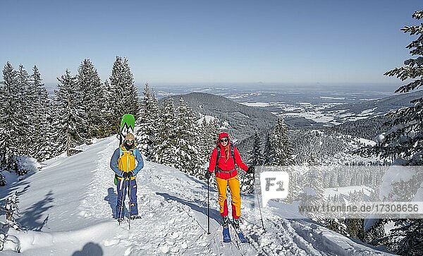 Young woman and man on ski tour  ski tourers on tour to Teufelstättkopf  Ammergau Alps  Unterammergau  Bavaria  Germany  Europe