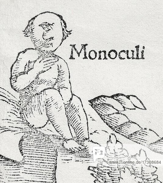 One-eyed Giant (Monoculi)  detail  earliest printed map of the entire African continent  woodcut by Sebastian Münster from Cosmographia Universalis  Basel 1550  Switzerland  Europe