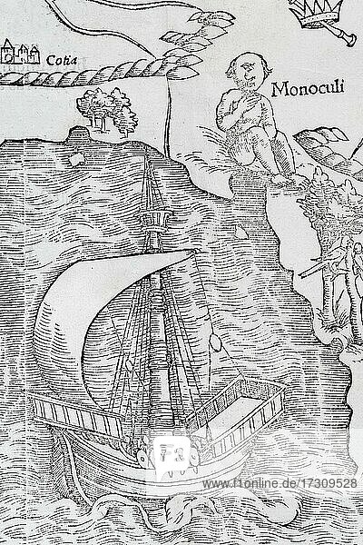 Sailing ship and one-eyed giant (Monoculi)  detail  earliest printed map of the entire African continent  woodcut by Sebastian Münster from Cosmographia Universalis  Basel 1550  Switzerland  Europe