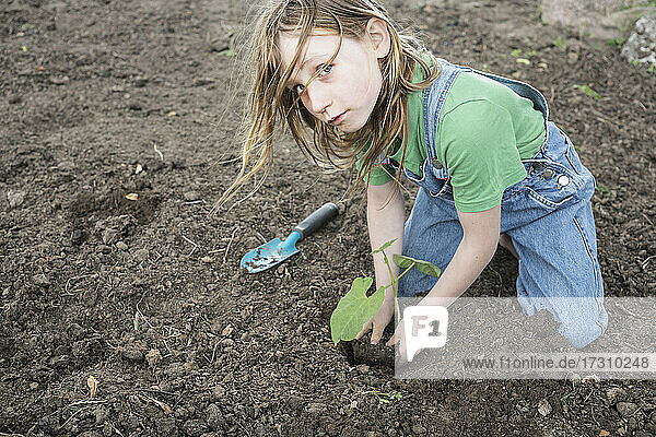 Porträt Mädchen pflanzen Sämling im Garten Schmutz