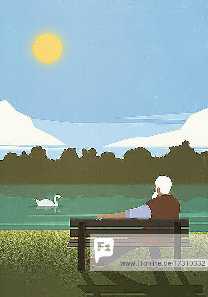 Senior Mann entspannt auf sonnigen Parkbank beobachten Schwan auf Teich