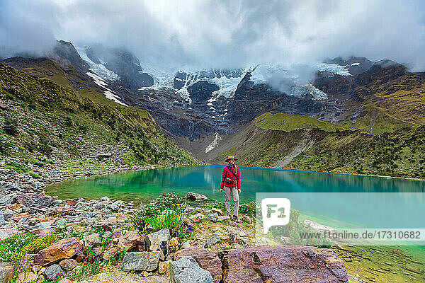 Woman trekking Humantay Lake  Cusco  Peru  South America