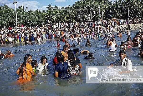 Devotees taking a dip in the holy waters of the Agni Theertham on new moon day; Aadi Amavasya day in Rameswaram  Tamil Nadu  India  Asia