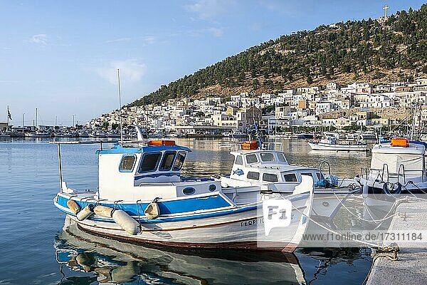 Greek fishing boat in harbour  Kalymnos  Dodecanese  Greece  Europe