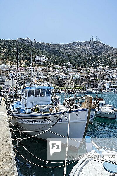 Greek fishing boat in harbour  Kalymnos  Dodecanese  Greece  Europe